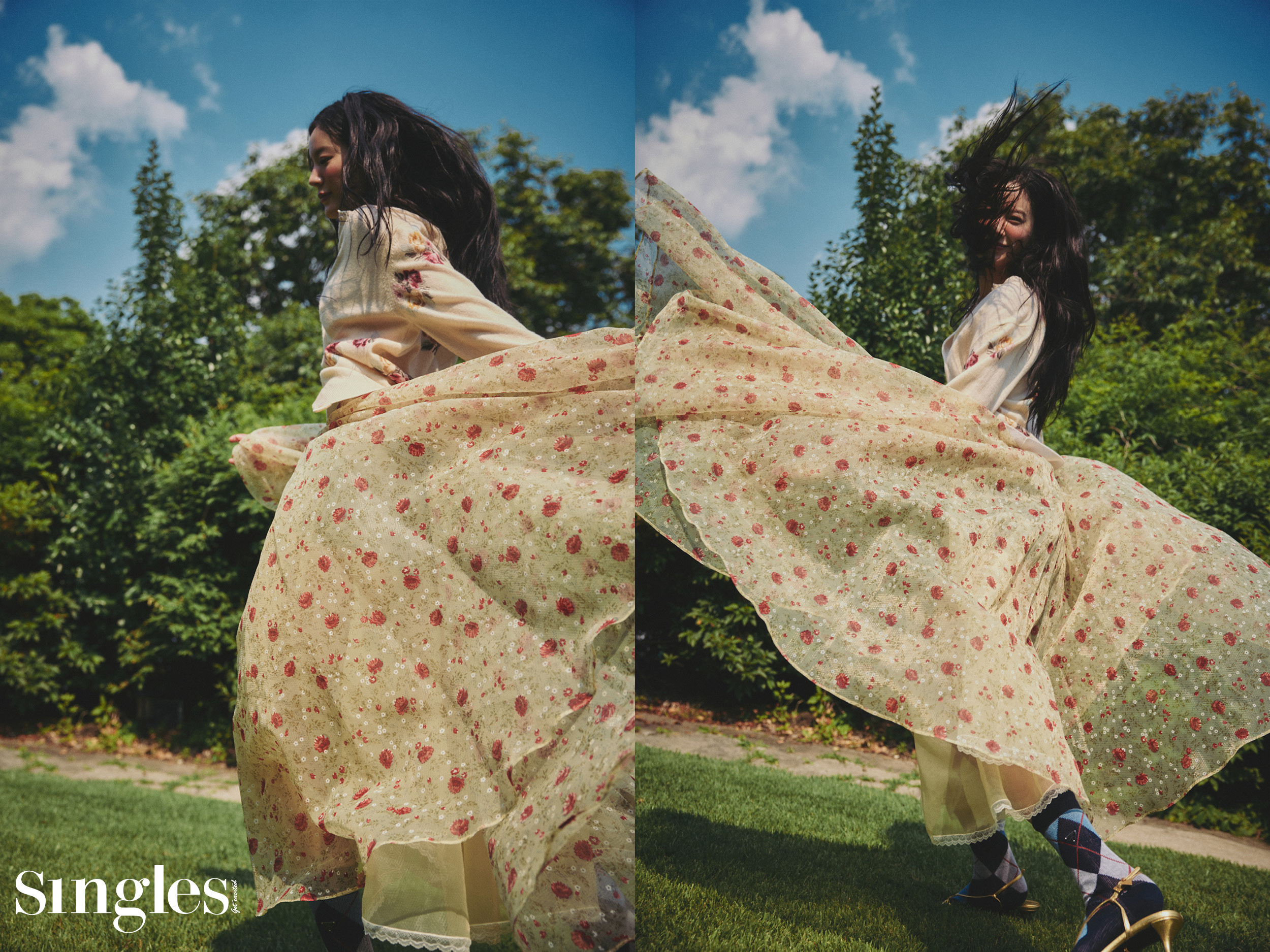 프라다의 의상을 입은 배우 장규리의 싱글즈 7월 호 화보이미지, 플라워패턴의 브라톱, 패턴 스커트, 카디건과 아가일 삭스, 샌들 힐 모두 프라다의 제품, 장규리 싱글즈 화보, 장규리 프라다